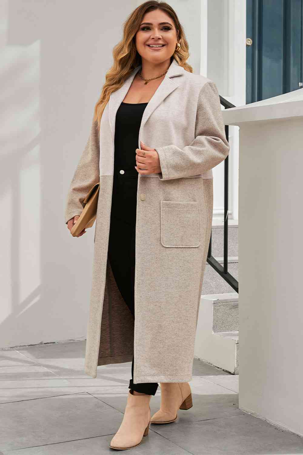 Plus Size Collared Neck Buttoned Longline Coat - 1XL THRU 3XL - T - 1 COLOR -