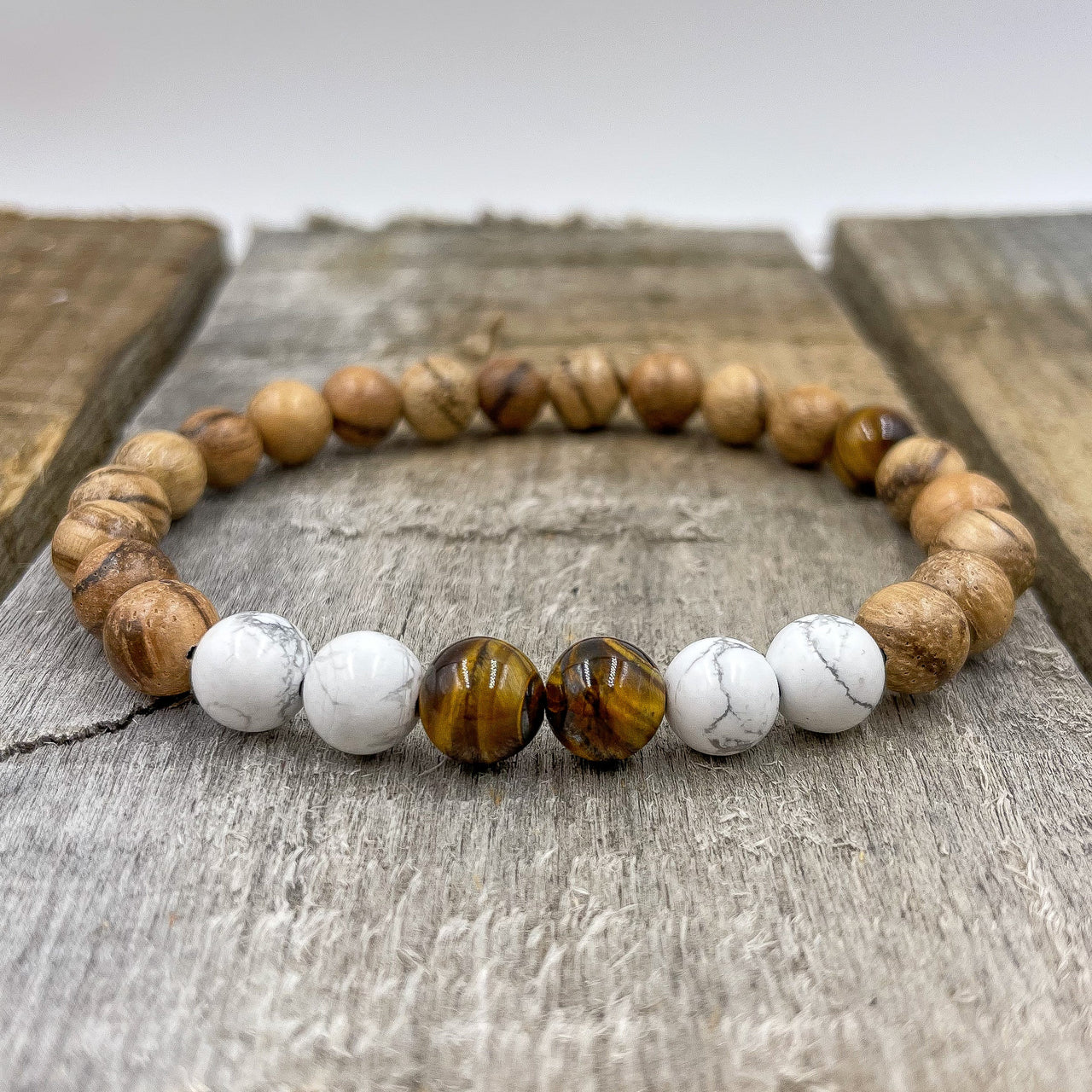 Central - Tigers Eye, White Howlite, & Sandalwood Mala Beaded Bracelet -