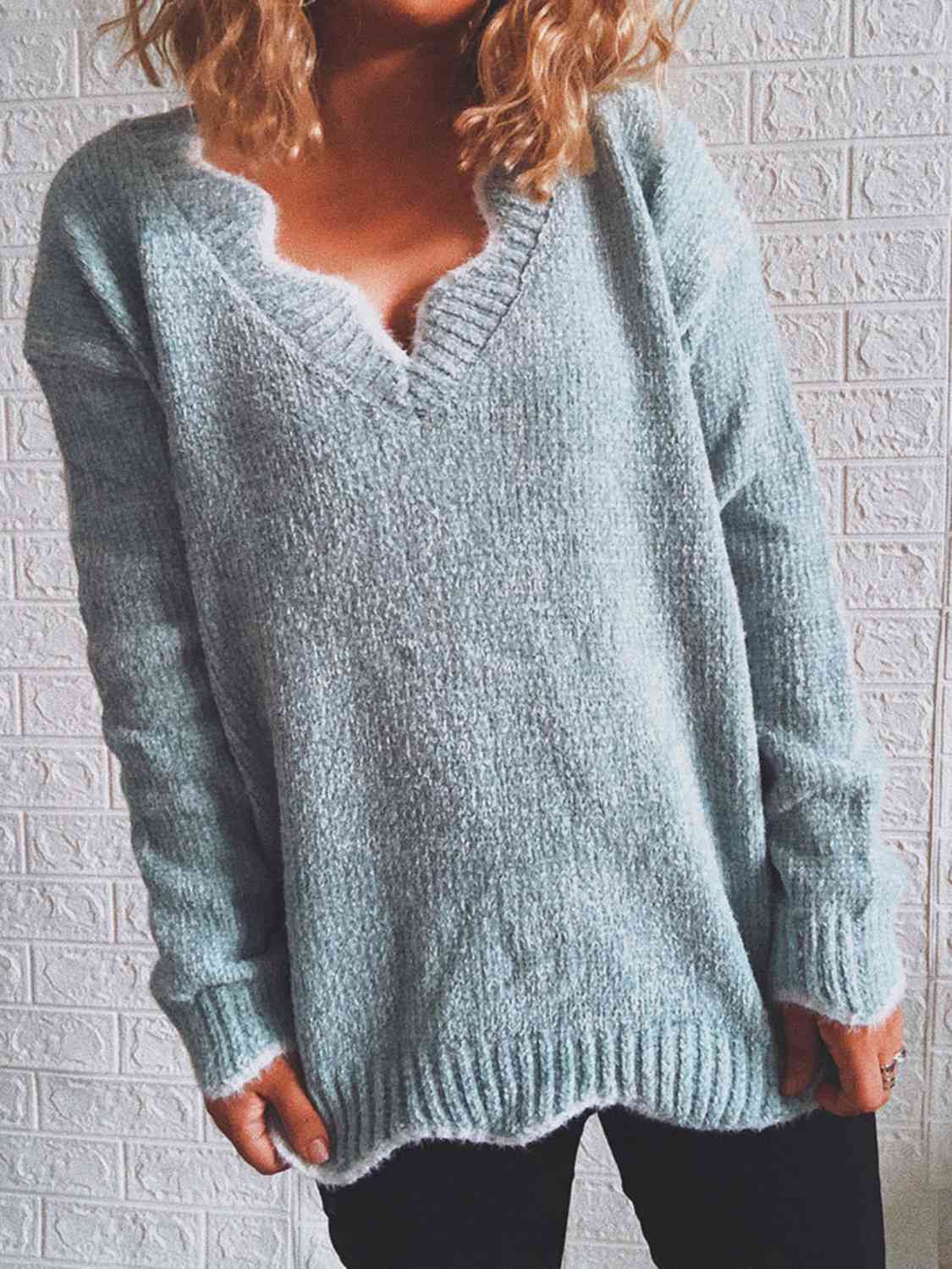 Notched Dropped Shoulder Long Sleeve Sweater - T - 5 COLORS -