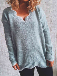 Thumbnail for Notched Dropped Shoulder Long Sleeve Sweater - T - 5 COLORS -