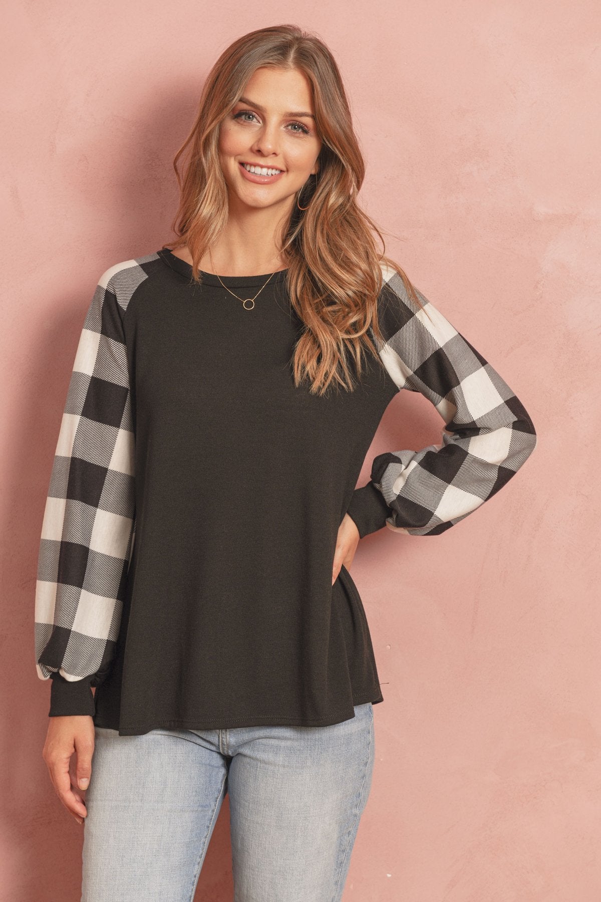 Riah Fashion - Plaid Puff Sleeved Round Neck Top - 3 COLORS -