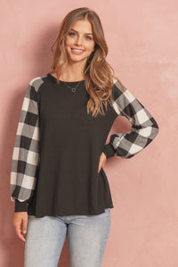 Thumbnail for Riah Fashion - Plaid Puff Sleeved Round Neck Top - 3 COLORS -