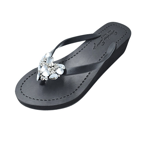 SAND BY SAYA N.Y. - Crystal Heart - Rhinestone Mid Wedge Flip Flops - 2 COLORS -