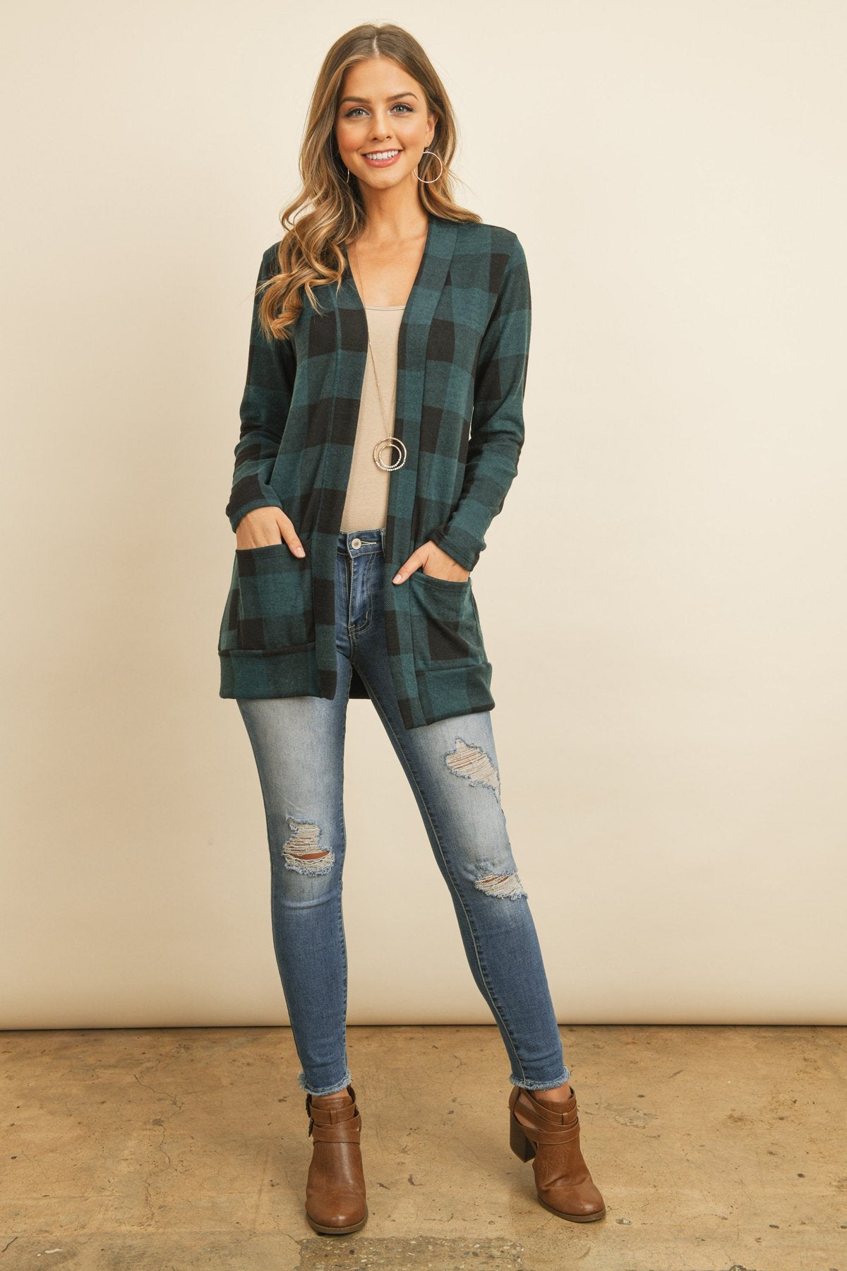 Riah Fashion - Plaid Long Sleeved Front Pocket Open Cardigan - 3 COLORS -