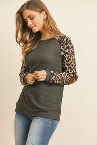 Thumbnail for Riah Fashion - Leopard Sleeve Elbow Patch Sweater - 1 COLOR -