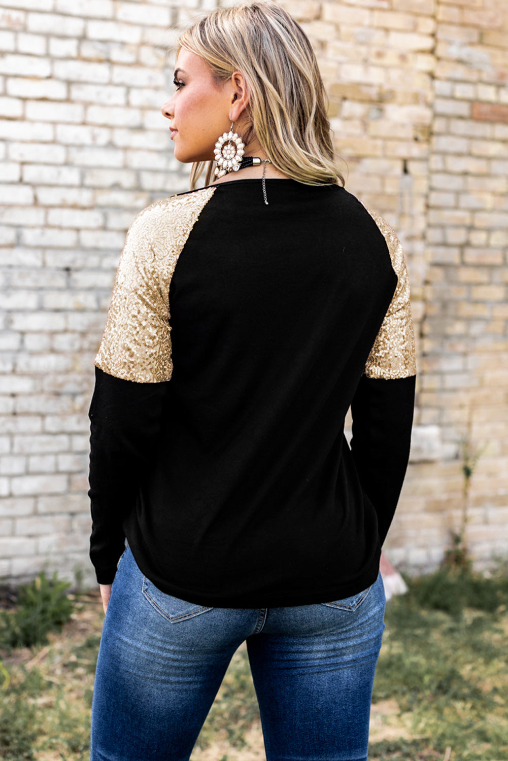 Graphic Sequin Long Sleeve Top - T - 1 COLOR -