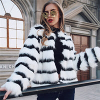 Thumbnail for Sharon Tatem - Black and White Striped Faux Fur Coat Fur Coat - Elegant Fur Coat - Long Sleeve Collarless Casual -