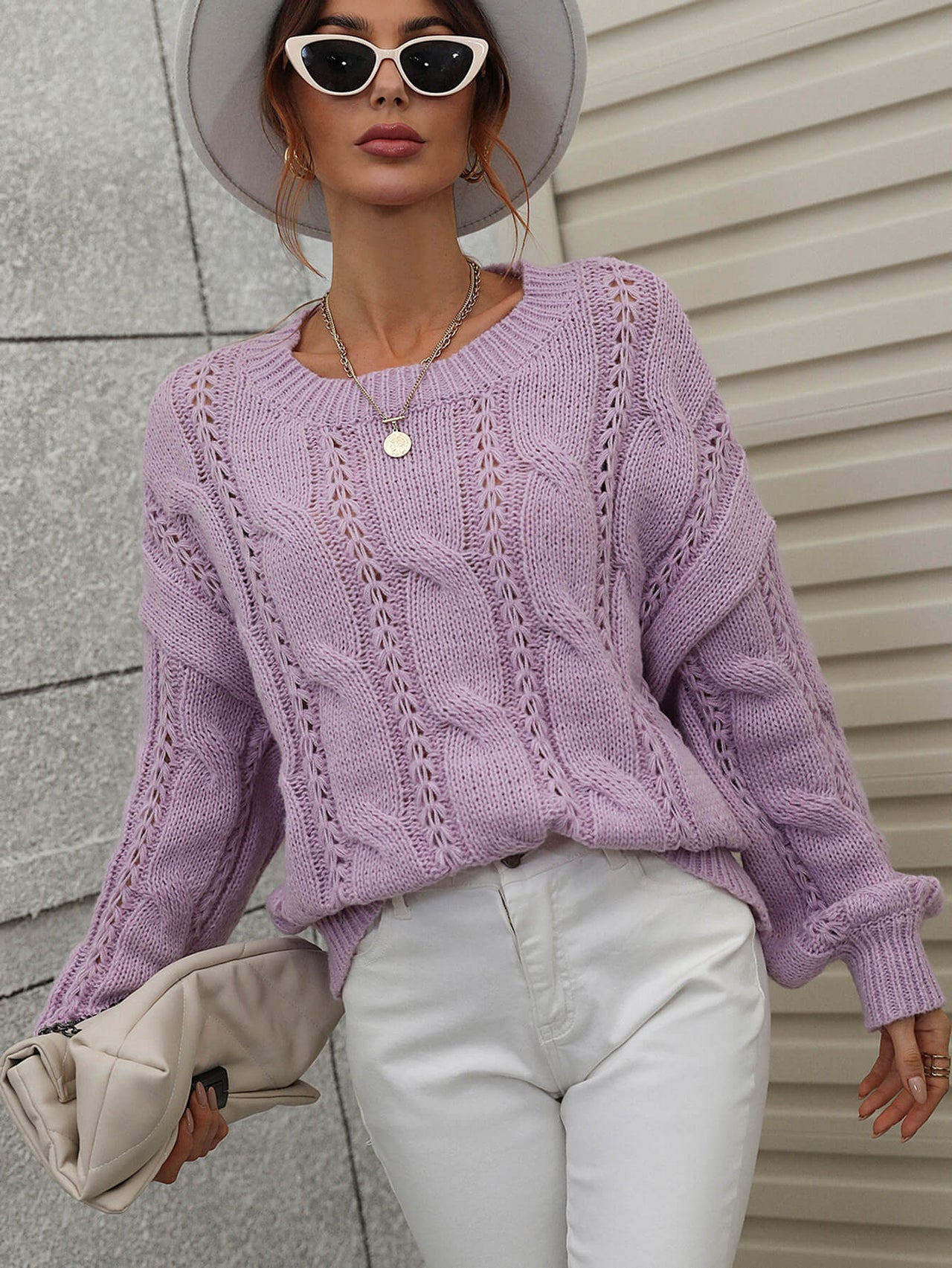 Woven Right Cable-Knit Openwork Round Neck Sweater - T - 6 COLORS -