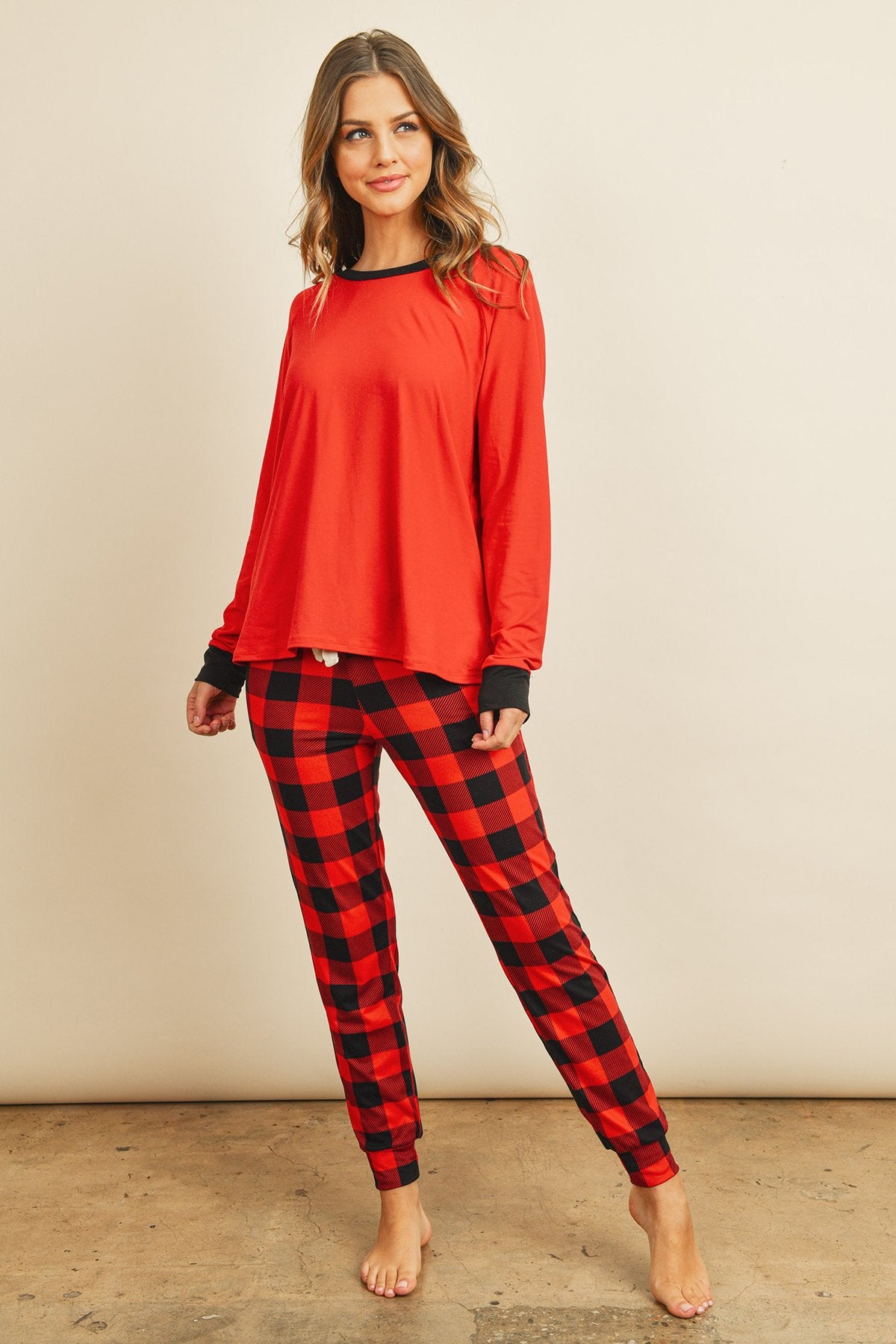 Riah Fashion - Solid Top and Plaid Joggers Set With Self Tie - 2 PCS. - 1 COLOR -