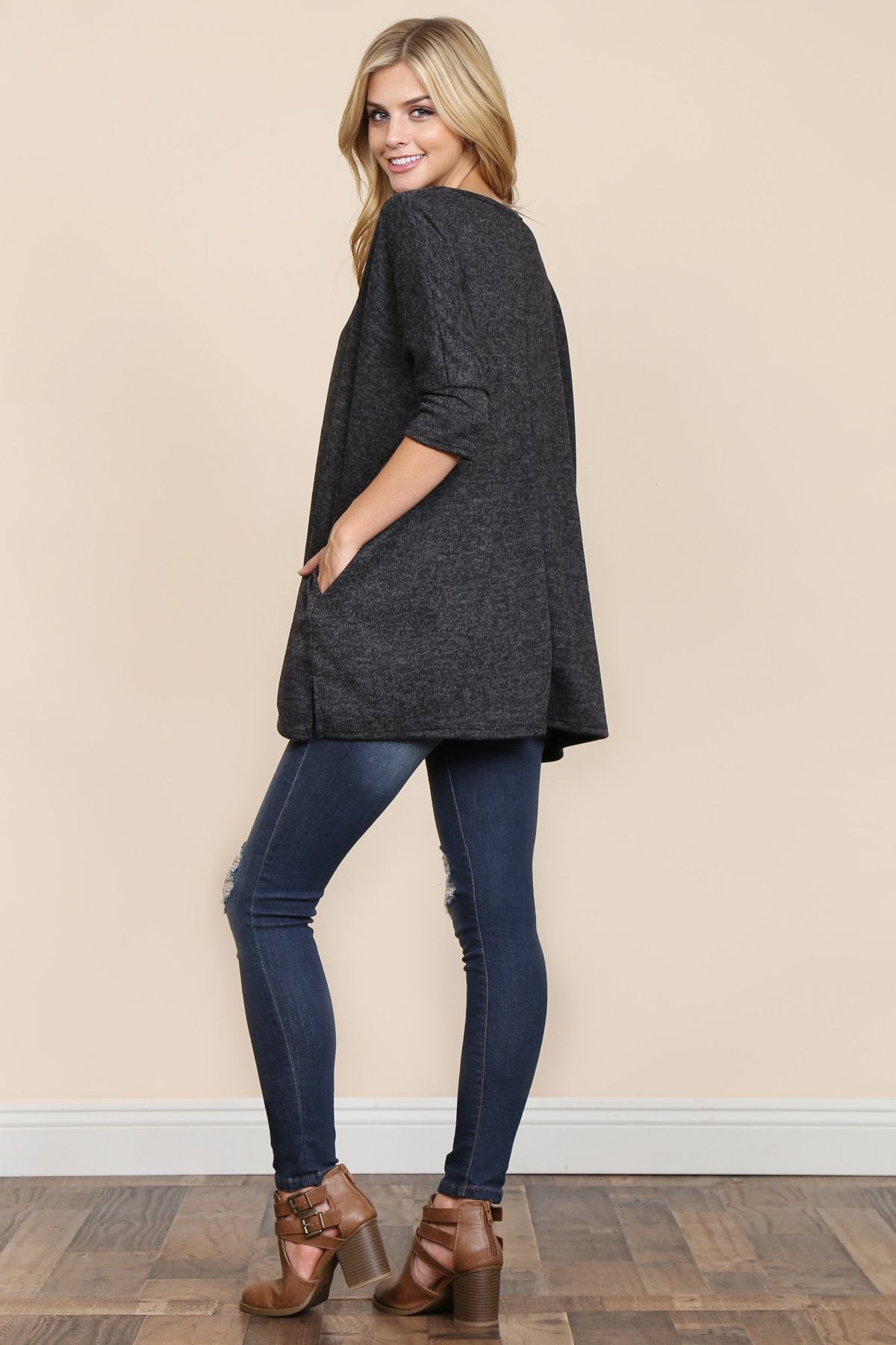 Riah Fashion - Two Tone Hacci Oversized Dropped Shoulder Pocket Tunic - 3 COLORS -