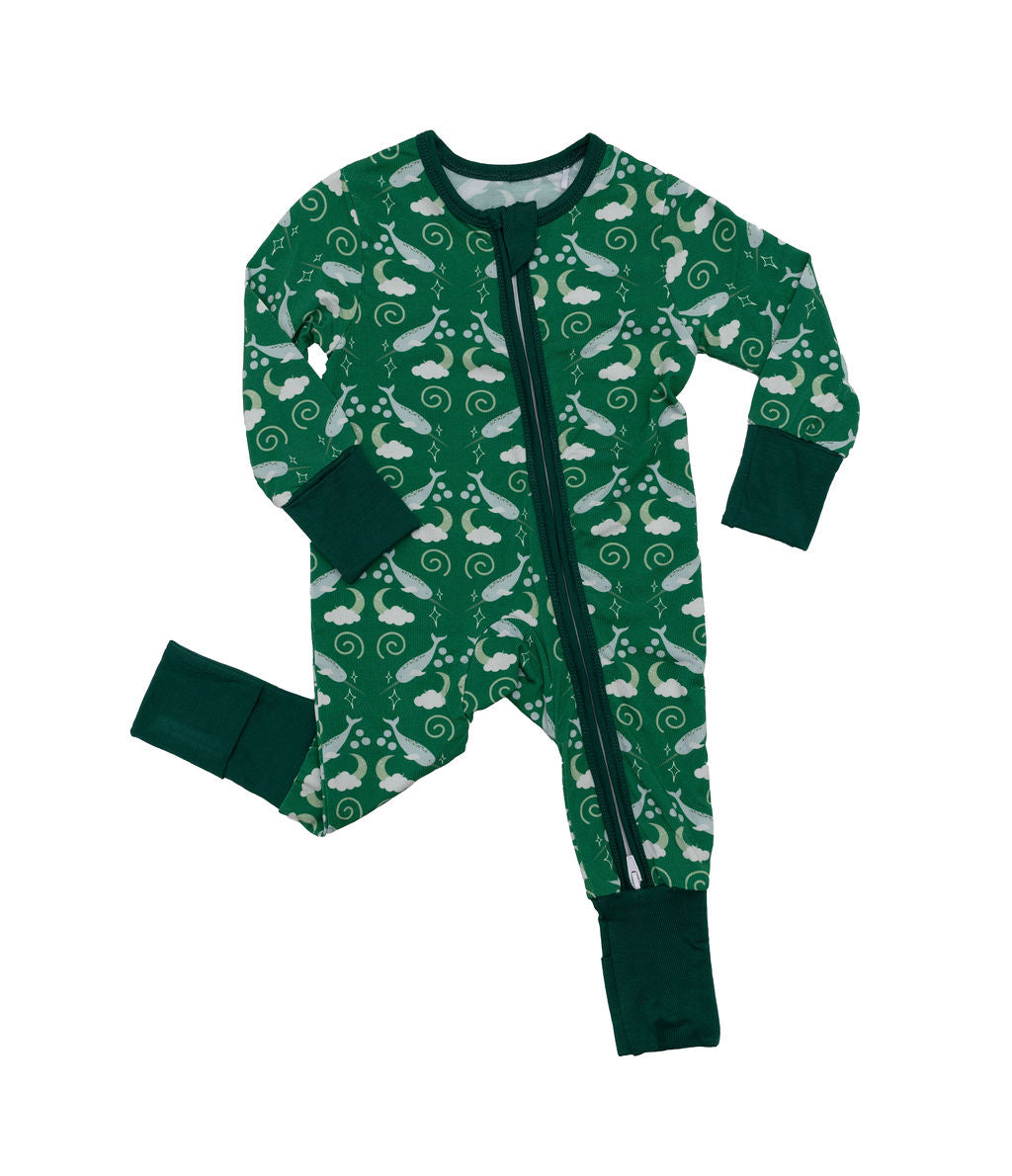 Eclipse Kids - I'm Narwhally Sleepy - Green - Long Sleeve Zipper Sleep Romper -