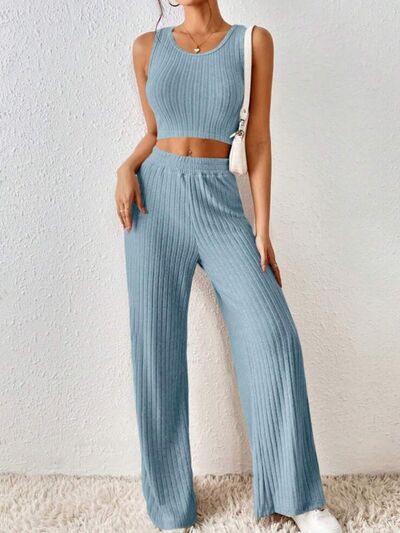 Ribbed Round Neck Tank and Pants Cropped Sweater Set - 2 PCS. - T - 5 COLORS -