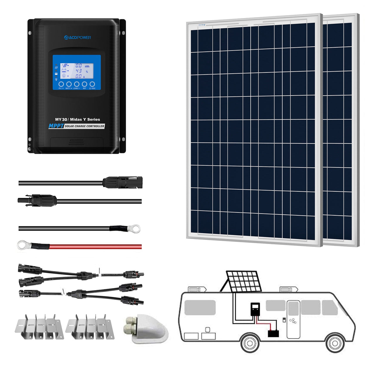 ACOPOWER - 200W 12V  Poly Solar RV Kits, 30A MPPT Charge Controller -