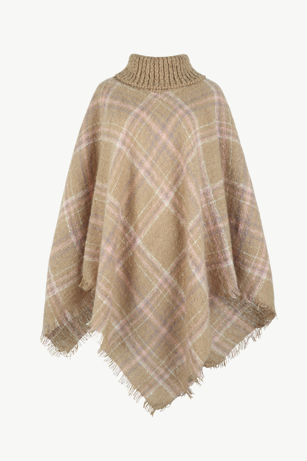 Plaid Turtleneck Fringe Hem Poncho - T - 6 COLORS -