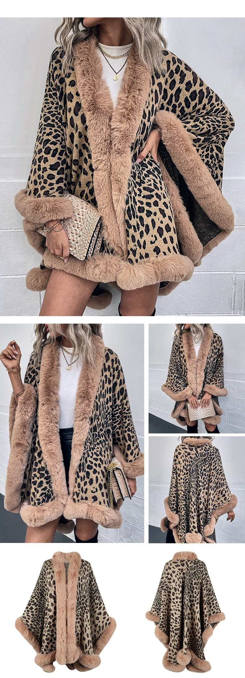 Sharon Tatem - Thick Warm Poncho Faux Fur Collar Cape Coat - Vintage Faux Leopard Sweater Cardigan - Batwing Sleeve Shawl -