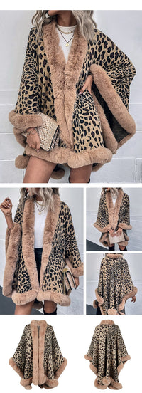 Thumbnail for Sharon Tatem - Thick Warm Poncho Faux Fur Collar Cape Coat - Vintage Faux Leopard Sweater Cardigan - Batwing Sleeve Shawl -