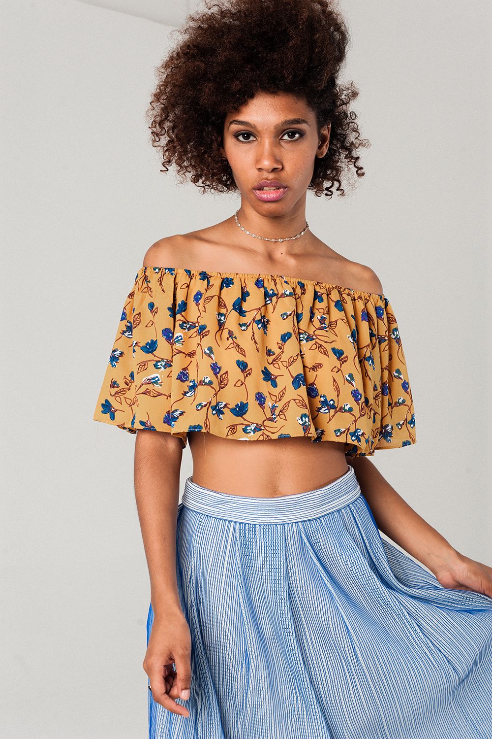 Q2 - Off Shoulder Floral Crop Top in Mustard - 1 COLOR -