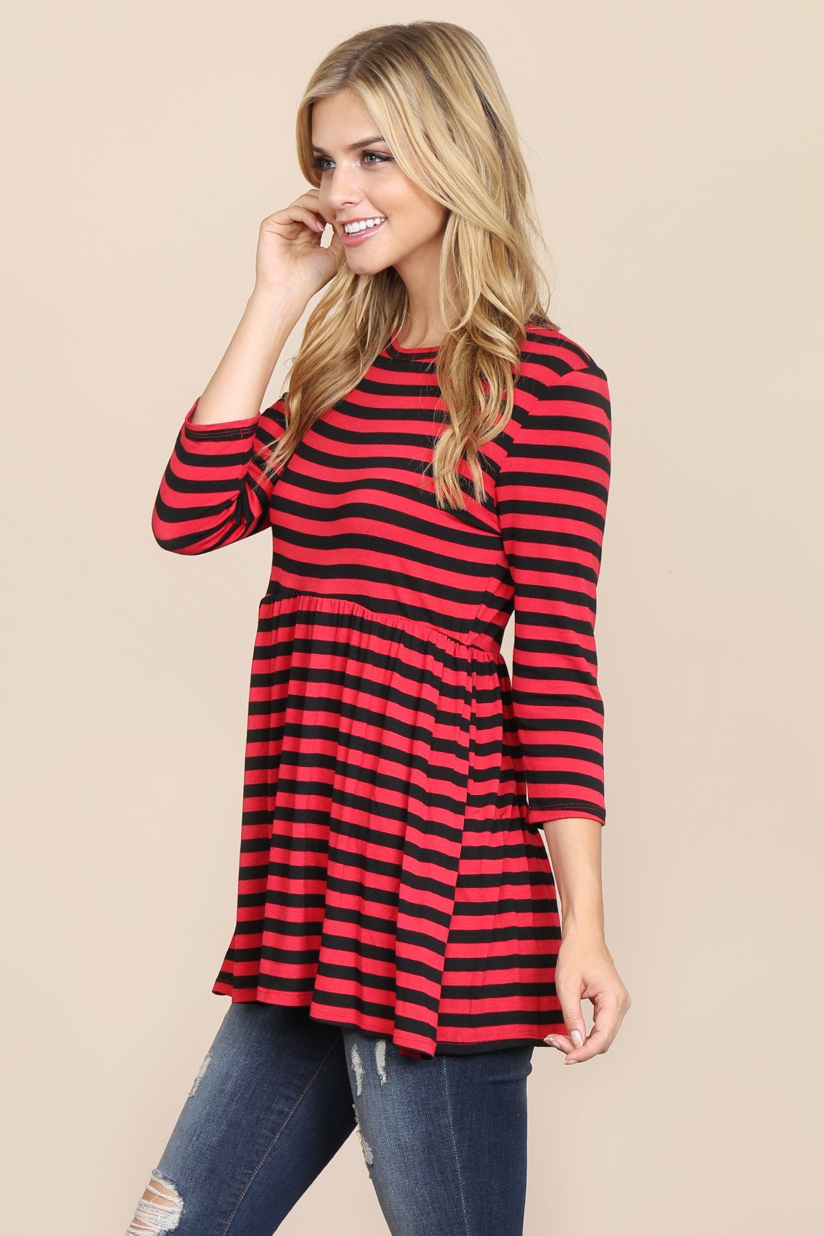 Riah Fashion - Quarter Sleeve Babydoll Striped Tunic - 7 COLORS -