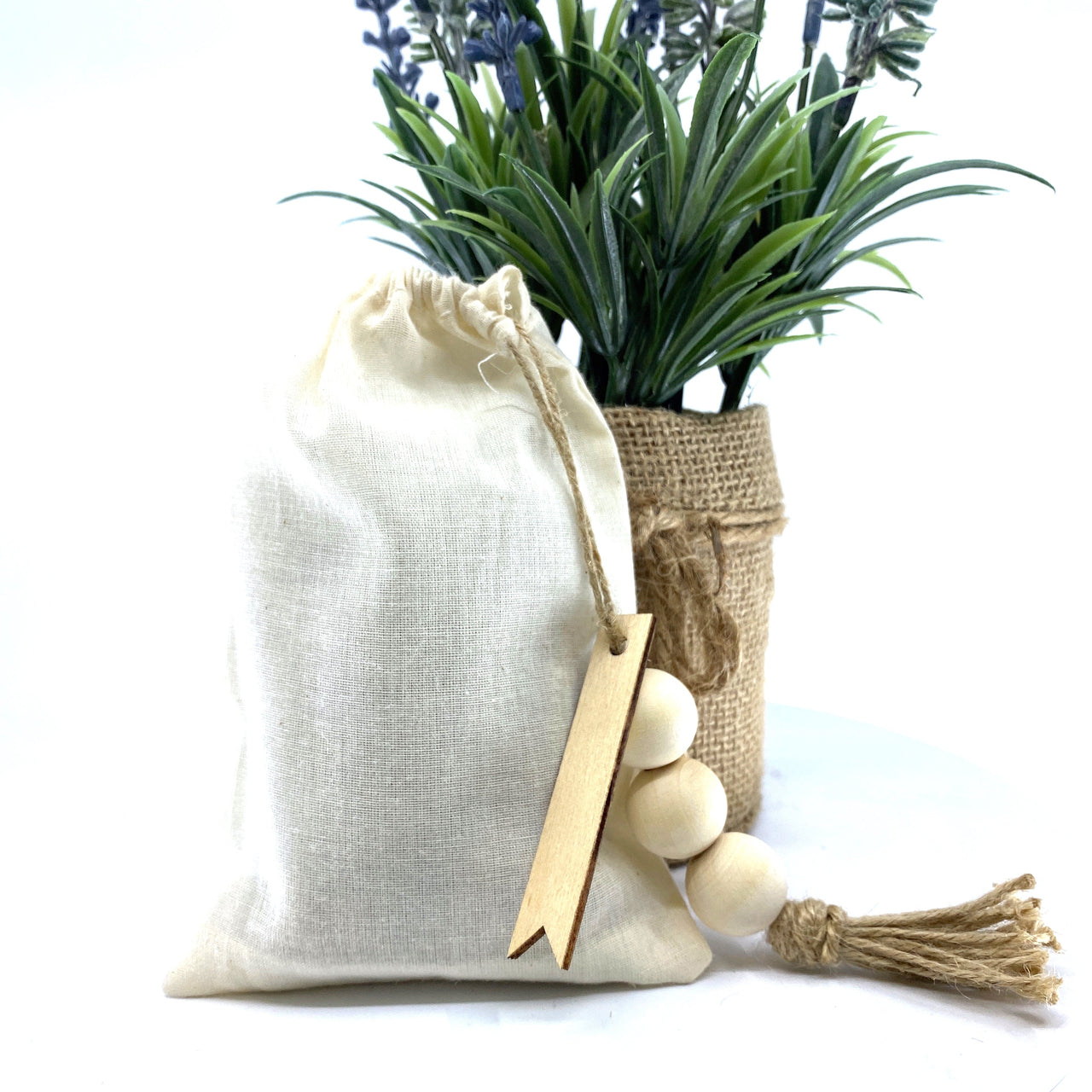 Sunsum - 100% Naturally Dried Jasmine Flowers, Jute & Wooden Beaded Drawstring Sack, 1/2 Oz -