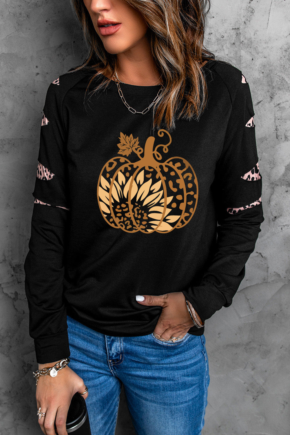 Leopard Pumpkin Graphic Sweatshirt - T - 1 COLOR -