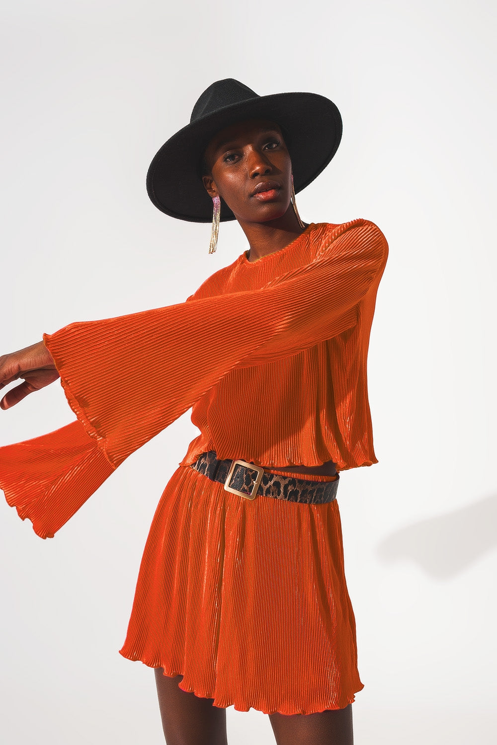 Q2 - Pleated Round Neck Crop Top in Orange - 1 COLOR -