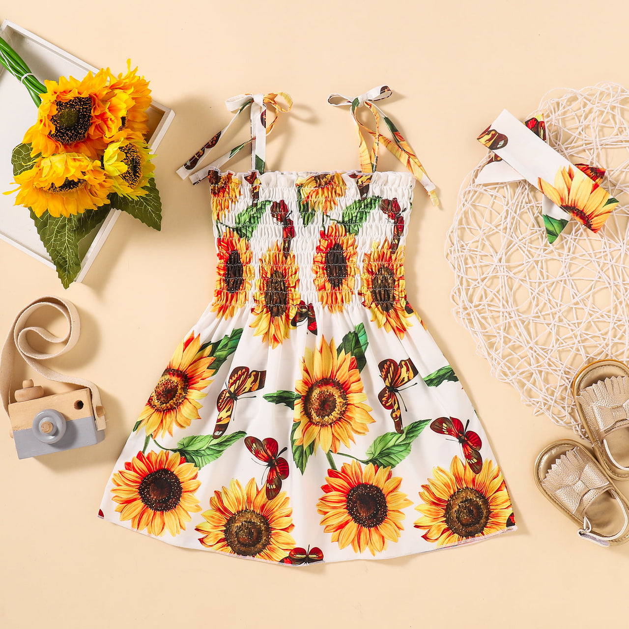 Sunflower Print Smocked Tie Shoulder Dress with Headband - 2 PCS. - T - 1 PATTERN -