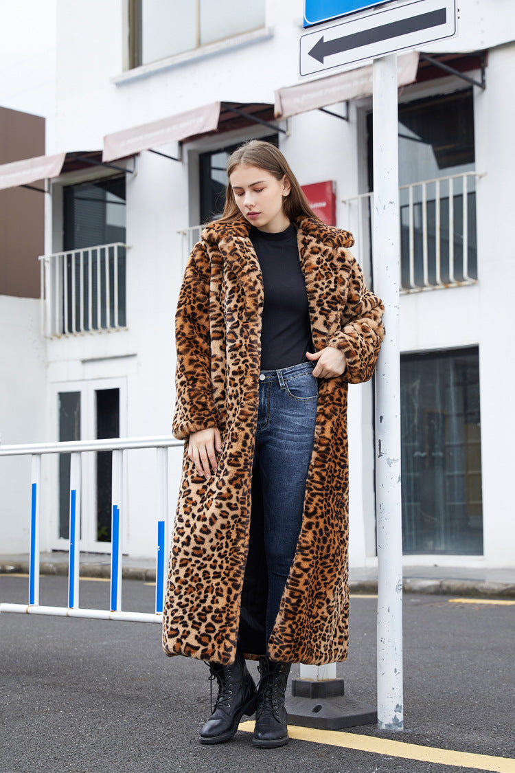 Sharon Tatem - Faux Fur - Leopard Print - Rabbit Tailored Collar - Warm Thick X-Long Coat Long Sleeve Jacket -