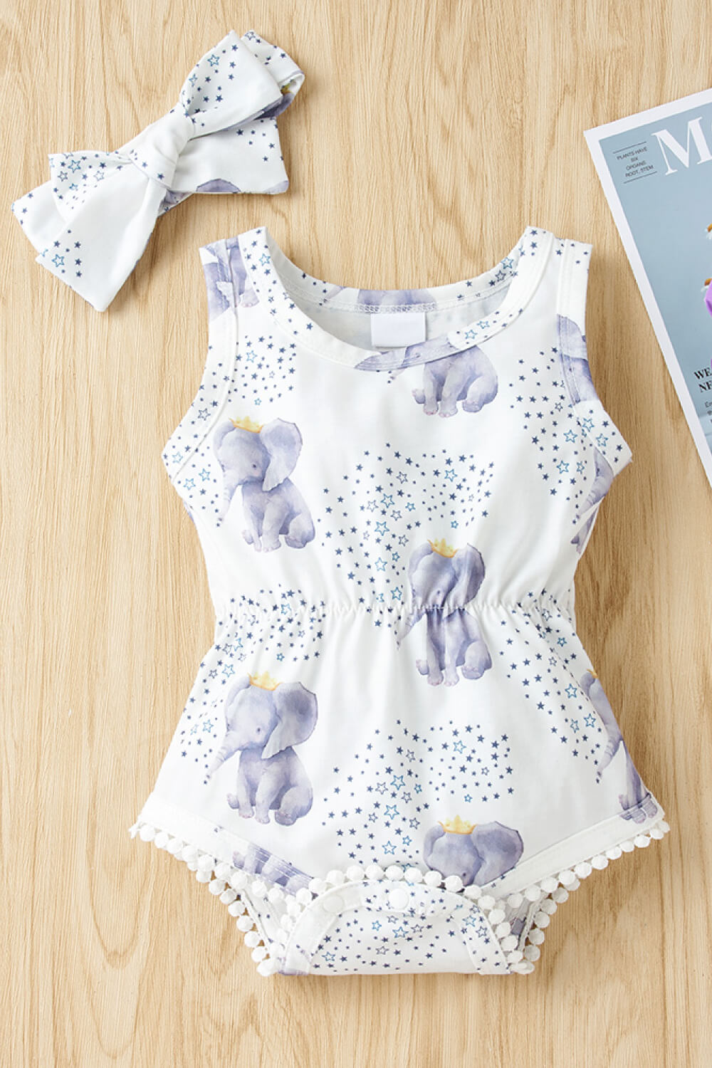 Baby Girl Elephant Print Bodysuit with Headband - T - 5 SIZES - 1 COLOR -