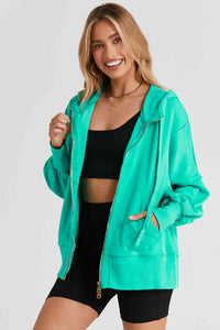 Thumbnail for Zip Up Long Sleeve Drawstring Hoodie - T - 3 COLORS -