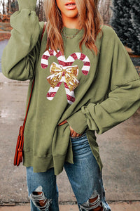 Thumbnail for Sequin Candy Cane Round Neck Slit Sweatshirt - T - 2 COLORS -