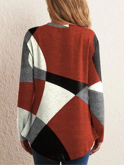 Geometric Round Neck Long Sleeve T-Shirt - T - 5 COLORS -