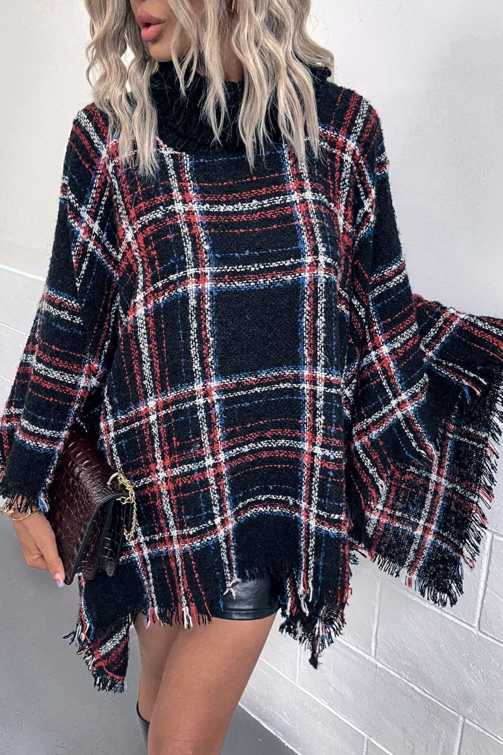 Plaid Turtleneck Fringe Hem Poncho - T - 6 COLORS -