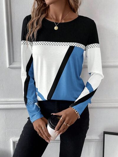 Contrast Round Neck Long Sleeve T-Shirt - T - 4 COLORS -