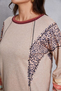 Thumbnail for Contrast Stitching Leopard Long Sleeve Blouse - T - 1 COLOR -