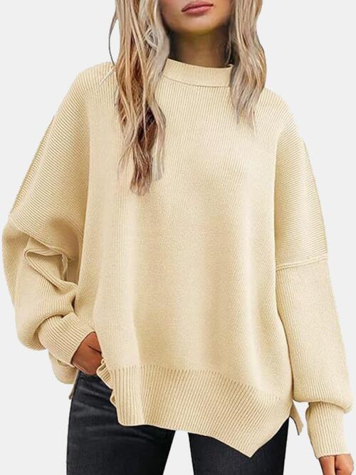 Round Neck Drop Shoulder Slit Sweater - T - 13 COLORS/STRIPES -