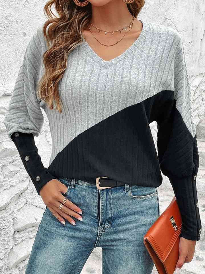 Contrast Buttoned V-Neck Blouse - T - 4 COLORS -