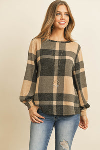 Thumbnail for Riah Fashion - Boat Neck Puff Sleeves Plaid Top - 3 COLORS -