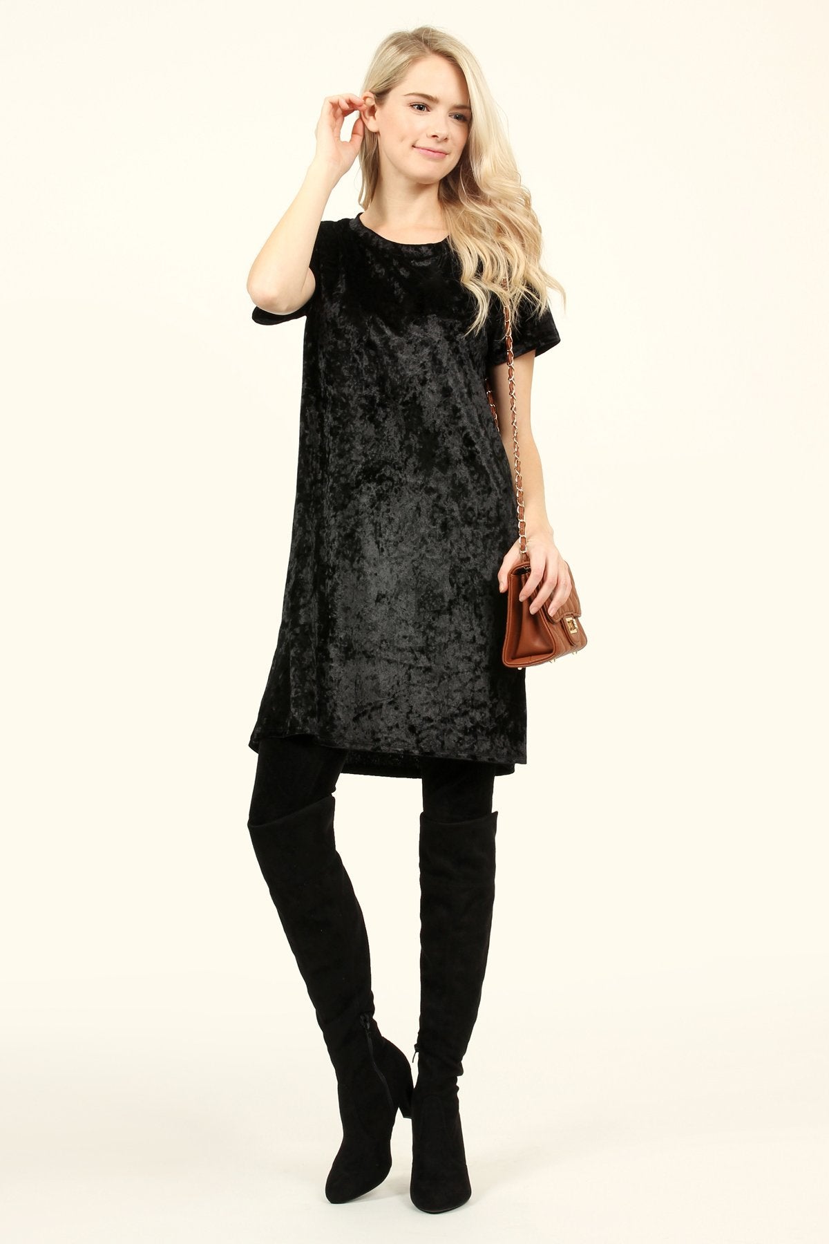 Riah Fashion - Short Sleeve Crushed Velvet Tunic Dress - 11 COLORS -