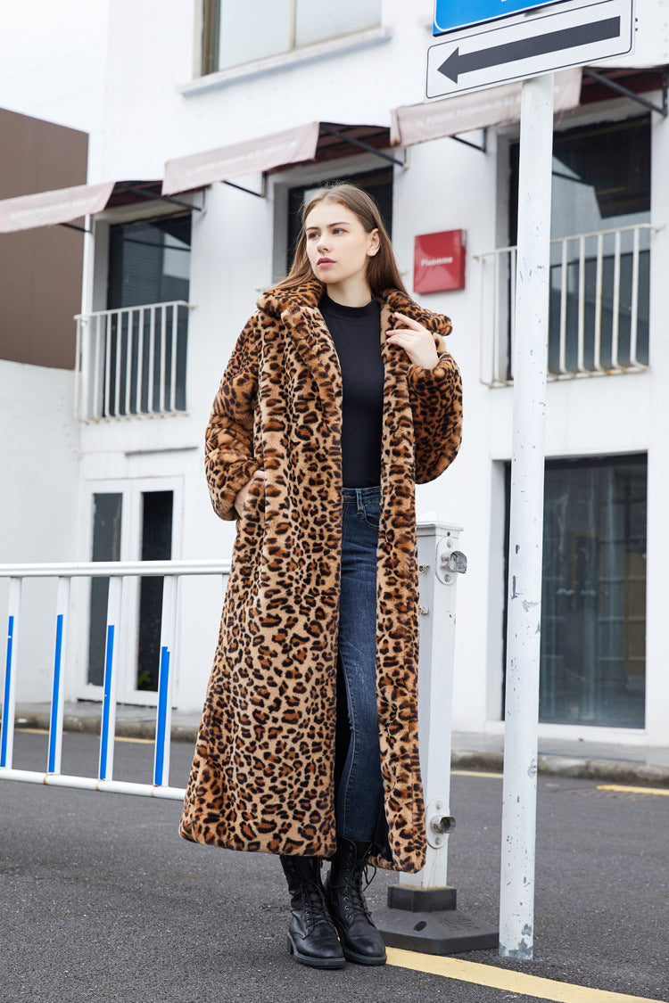 Sharon Tatem - Faux Fur - Leopard Print - Rabbit Tailored Collar - Warm Thick X-Long Coat Long Sleeve Jacket -