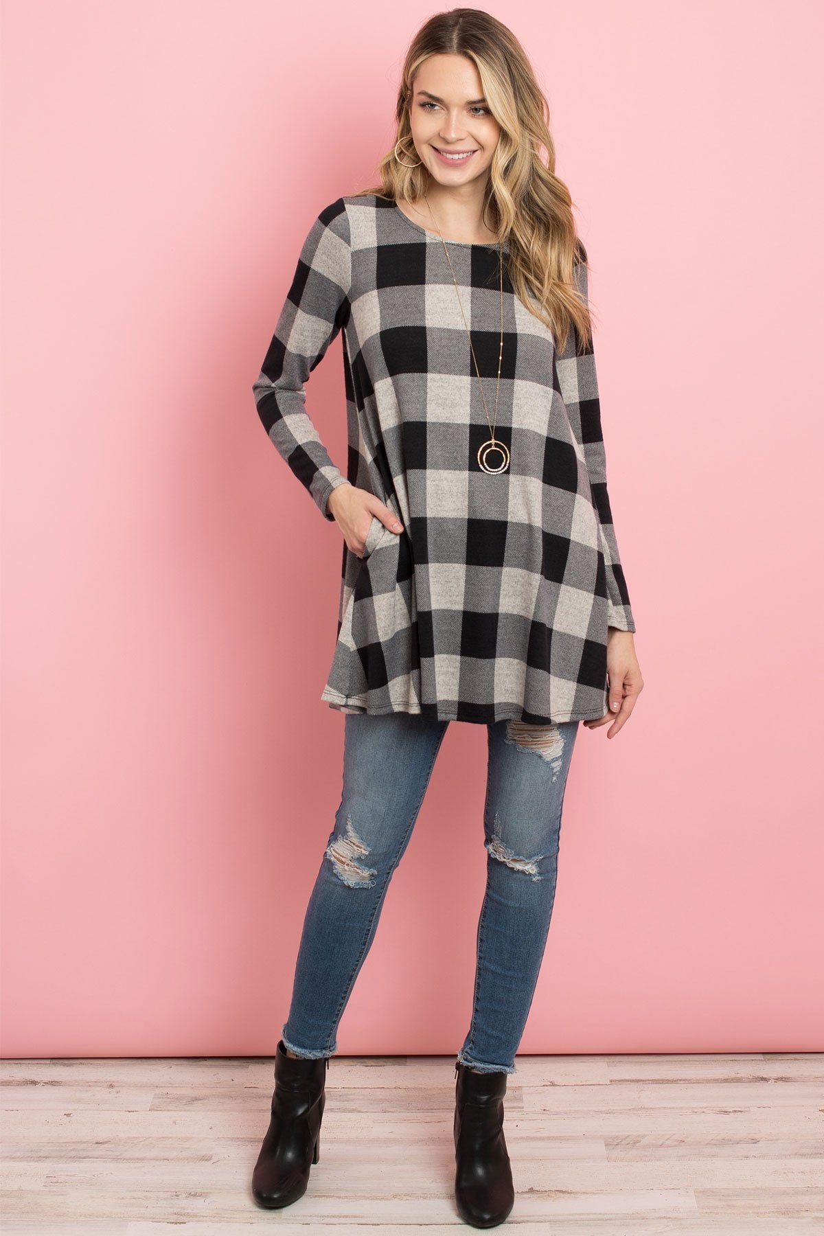 Riah Fashion - Plaid Long Sleeves A-Line Top - 4 COLORS -