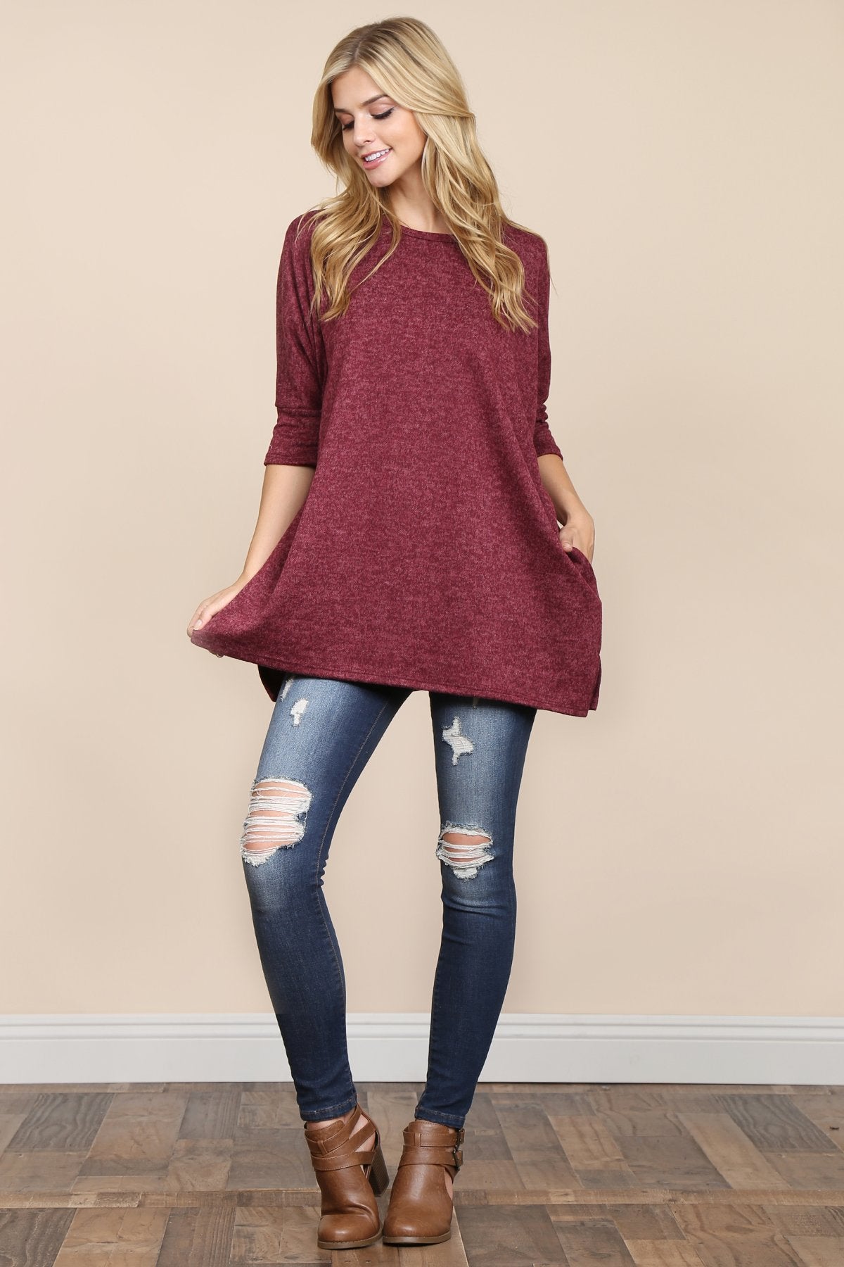 Riah Fashion - Two Tone Hacci Oversized Dropped Shoulder Pocket Tunic - 3 COLORS -