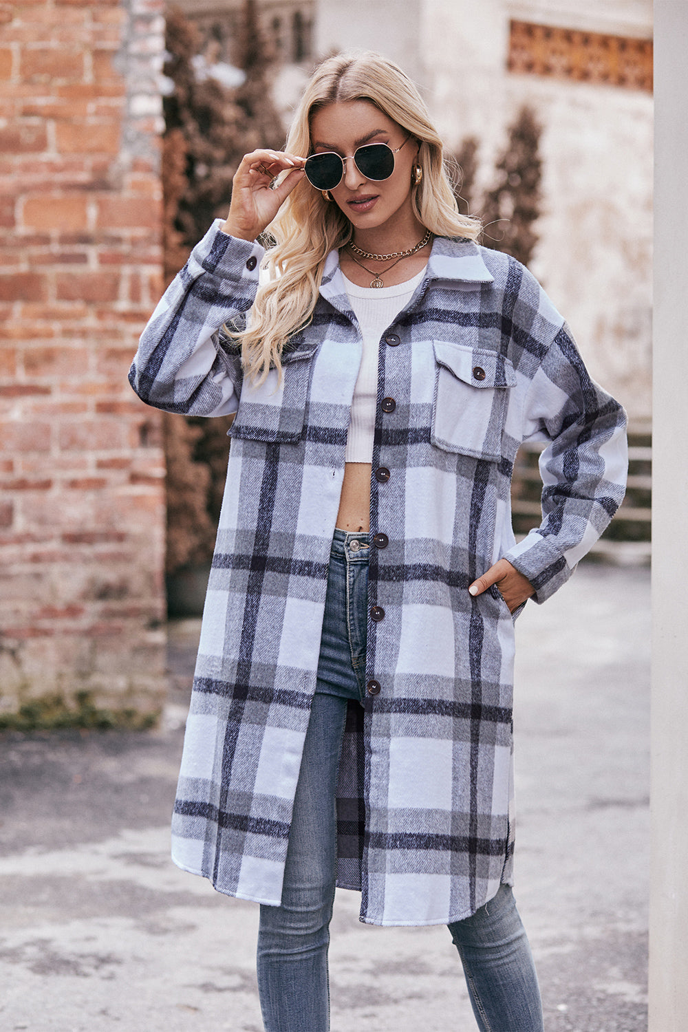 Plaid Dropped Shoulder Longline Jacket - T - 3 COLORS -