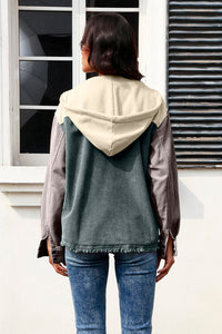 Thumbnail for Contrast Drawstring Snap Down Raw Hem Hooded Jacket - T - 5 COLORS -