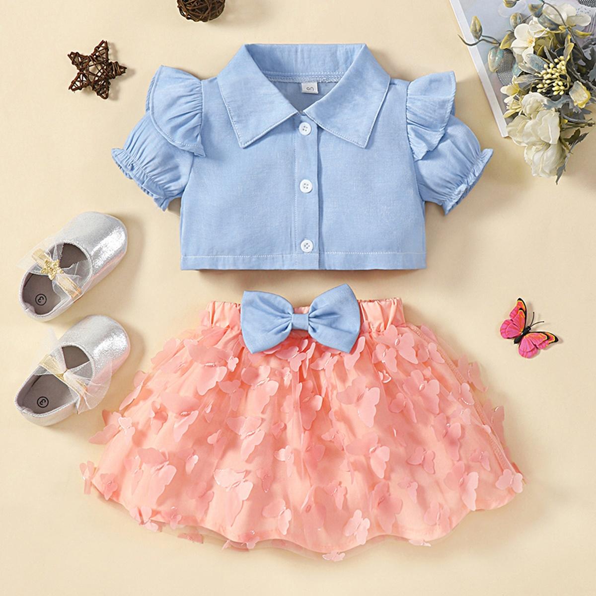 Ruffle Shoulder Shirt and Butterfly Applique Skirt Set - 2 PCS. - T - 2 COLOR COMBOS -