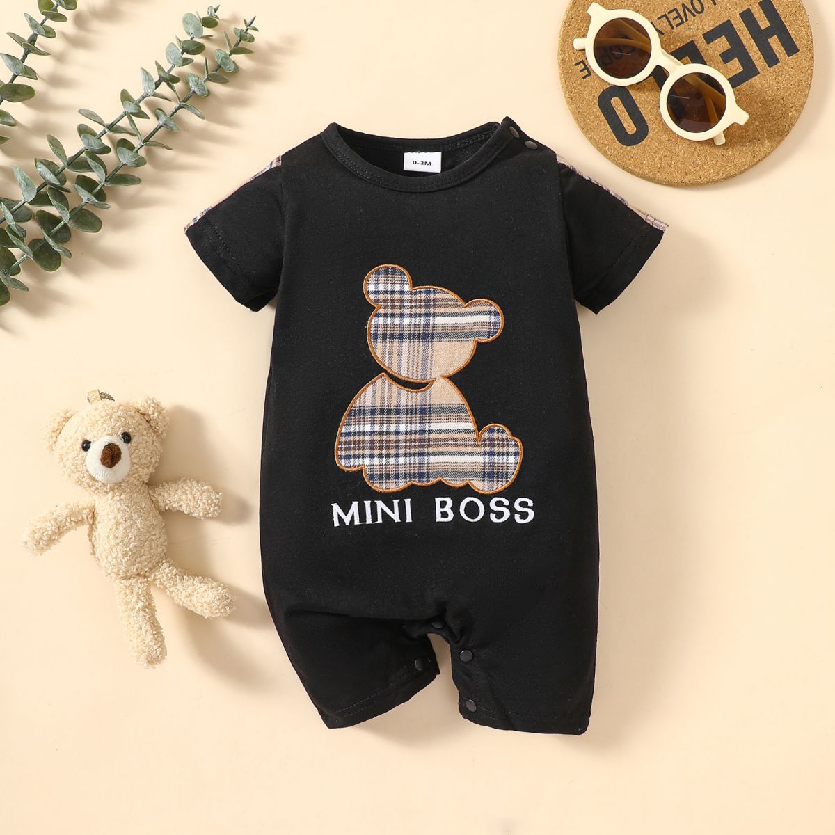 Baby MINI BOSS Bear Graphic Short Sleeve Romper - T - 5 SIZES - 1 COLOR -