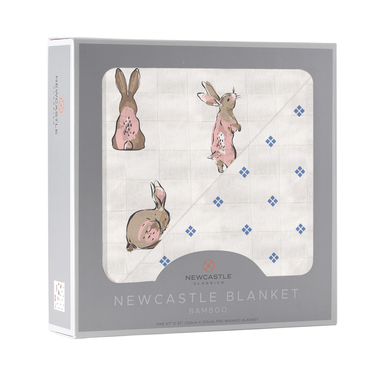 Powder Pink Bunnies and Periwinkle Diamond Polka Dot Bamboo Newcastle Blanket -