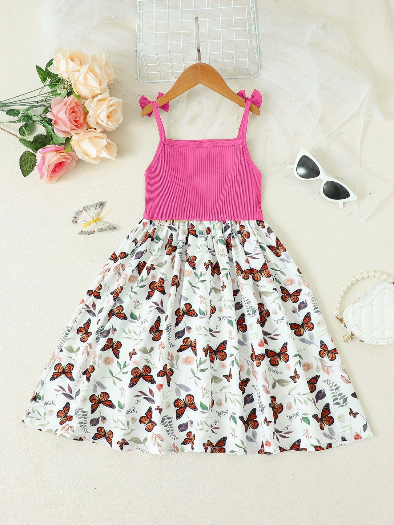 Butterfly Print Bow Detail Dress - T - 4 SIZES - 2 COLORS -