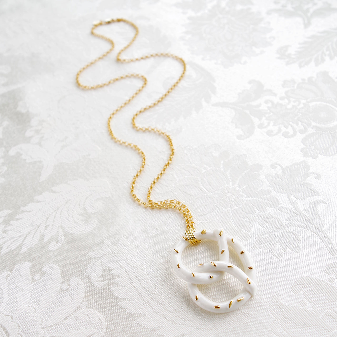 Golden Salted Porcelain Pretzel Pendant Necklace -