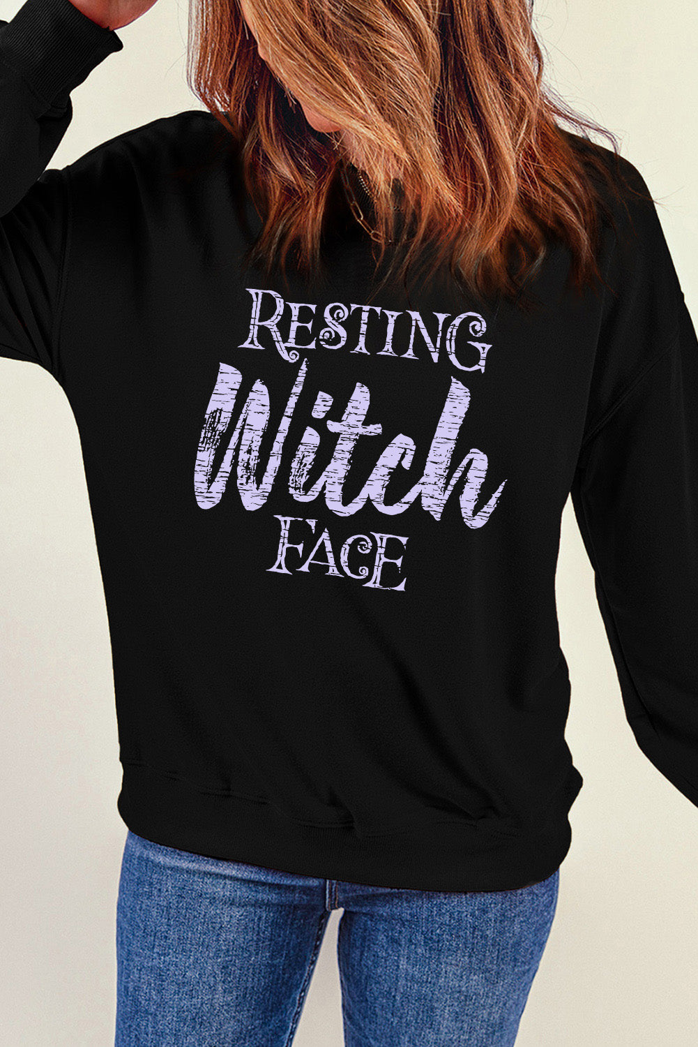 Round Neck Long Sleeve RESTING WITCH FACE Graphic Sweatshirt - T - 1 COLOR -