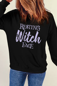 Thumbnail for Round Neck Long Sleeve RESTING WITCH FACE Graphic Sweatshirt - T - 1 COLOR -